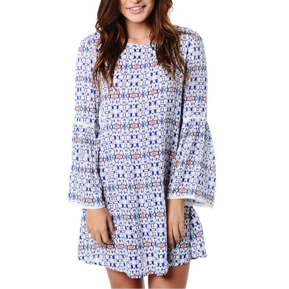 ROXY City Limits Boho Beach Shift Lightweight Mini Dress Bell‎ Sleeve Size Small